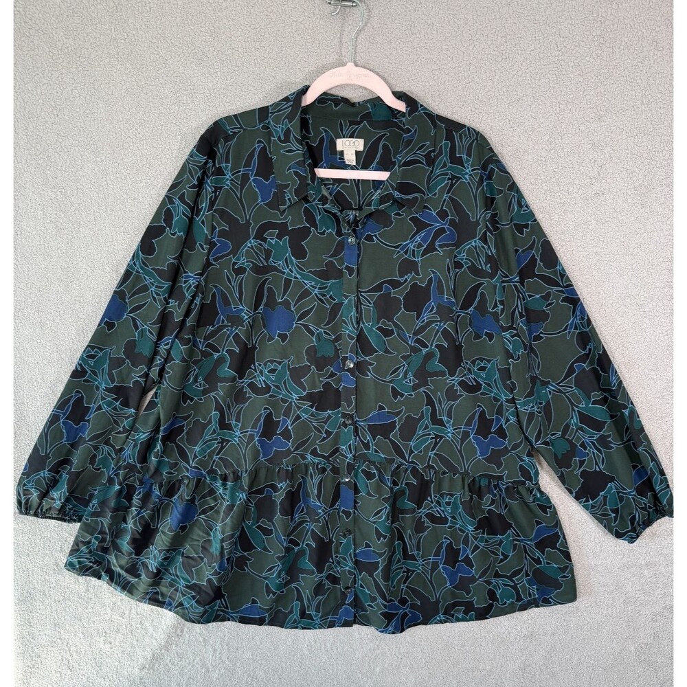 LOGO Lori Goldstein Womens Peplum Blouse Button Down XL Green Floral A365840